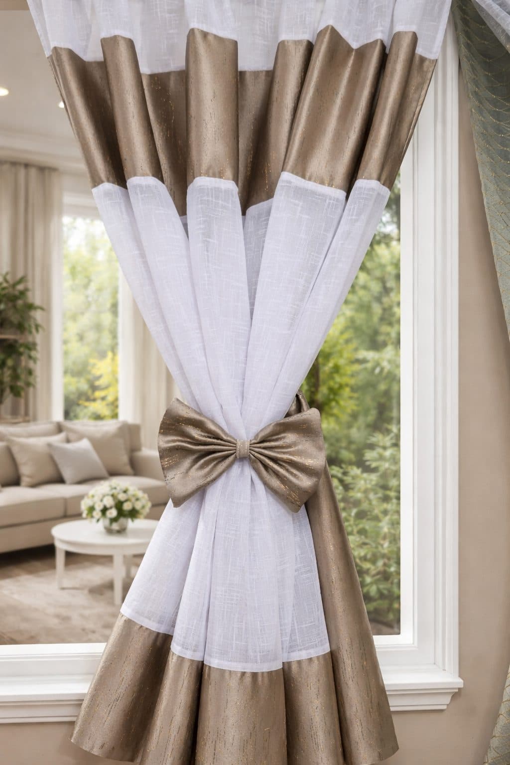 Set Perdele Elegante culoare Bej-Alb cu funde