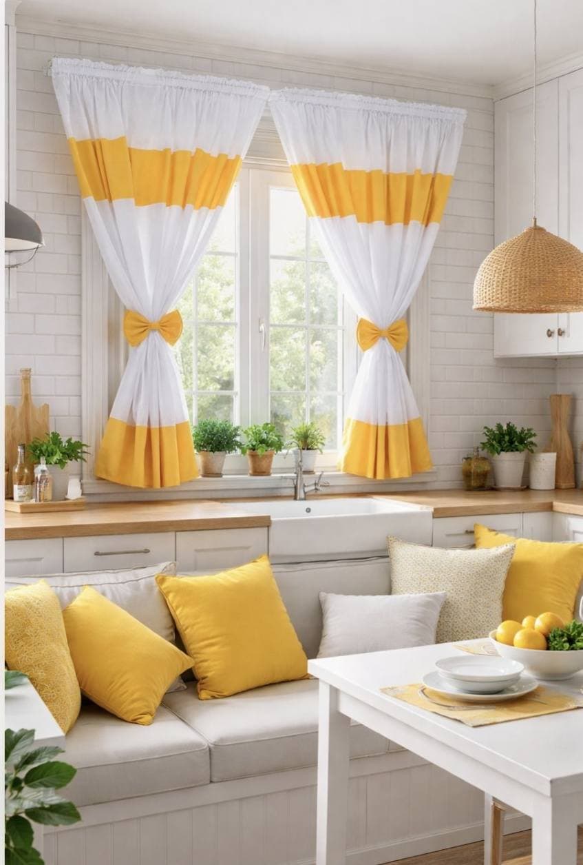 Set Perdea Decorativă cu Dungi Alb-Galbene și Fundițe